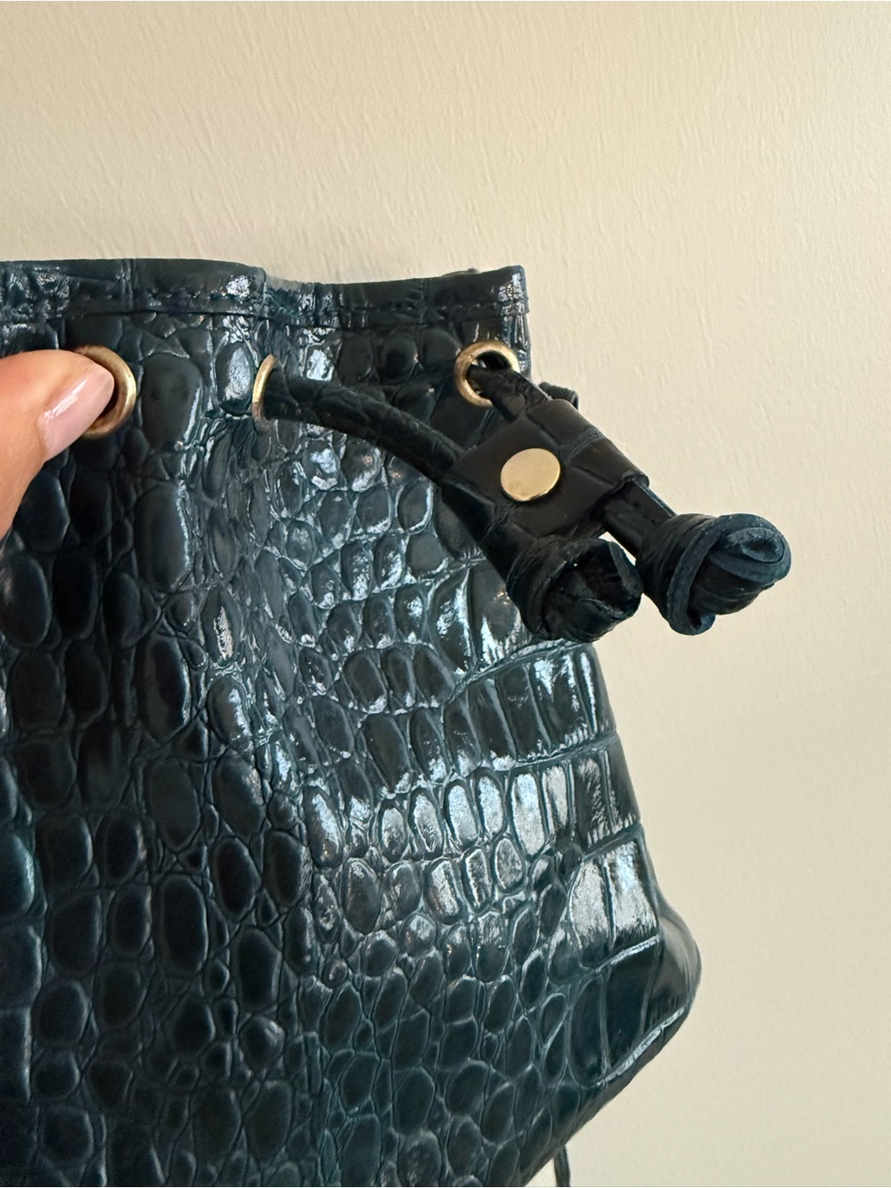 ❌SOLD LOCAL❌ Vintage Teal Croc-Embossed Leather Bucket Bag Mini Crossbody - Picture 11 of 12